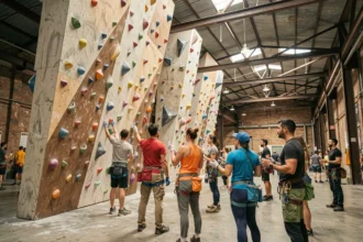 Vue panoramique d'une salle d'escalade de bloc en Île-de-France avec grimpeurs sur mur coloré dans un espace industriel