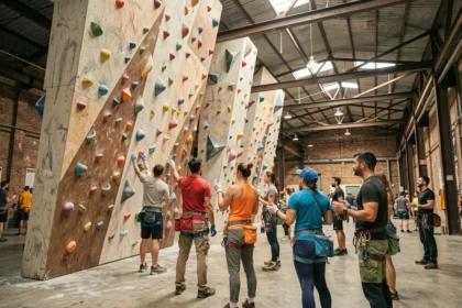 Vue panoramique d'une salle d'escalade de bloc en Île-de-France avec grimpeurs sur mur coloré dans un espace industriel