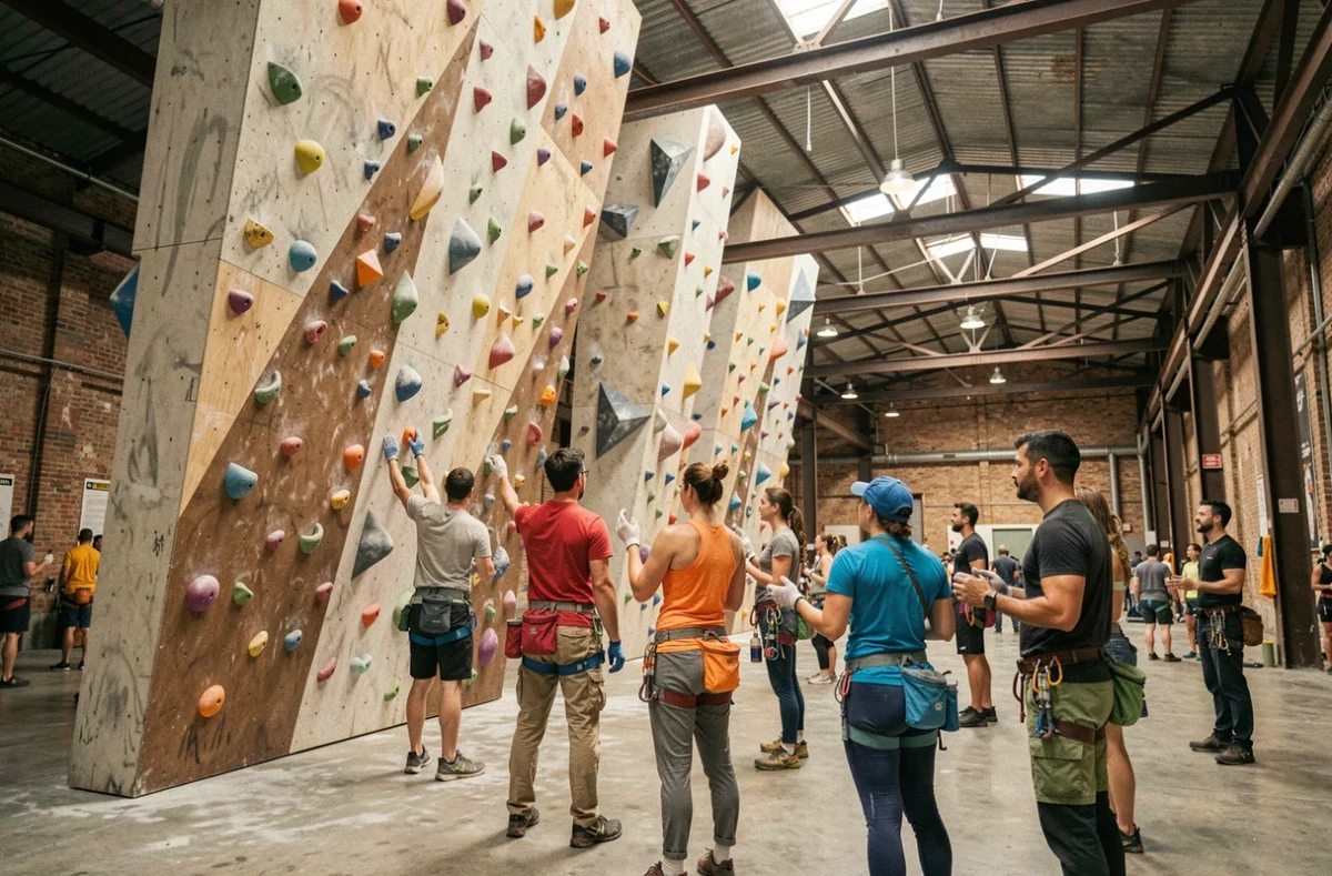 Vue panoramique d'une salle d'escalade de bloc en Île-de-France avec grimpeurs sur mur coloré dans un espace industriel