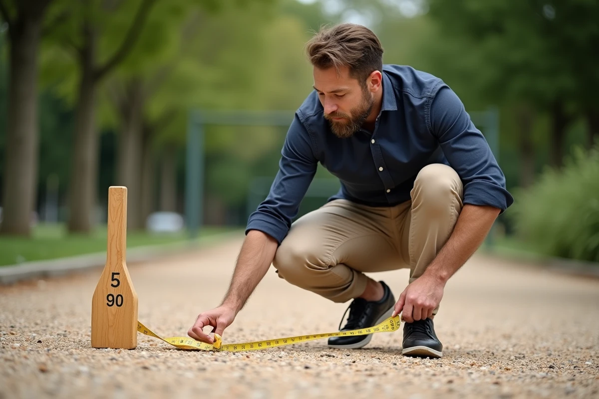 Homme mesurant la distance entre les quilles de Mölkky avec un mètre ruban sur un terrain de gravier en plein air