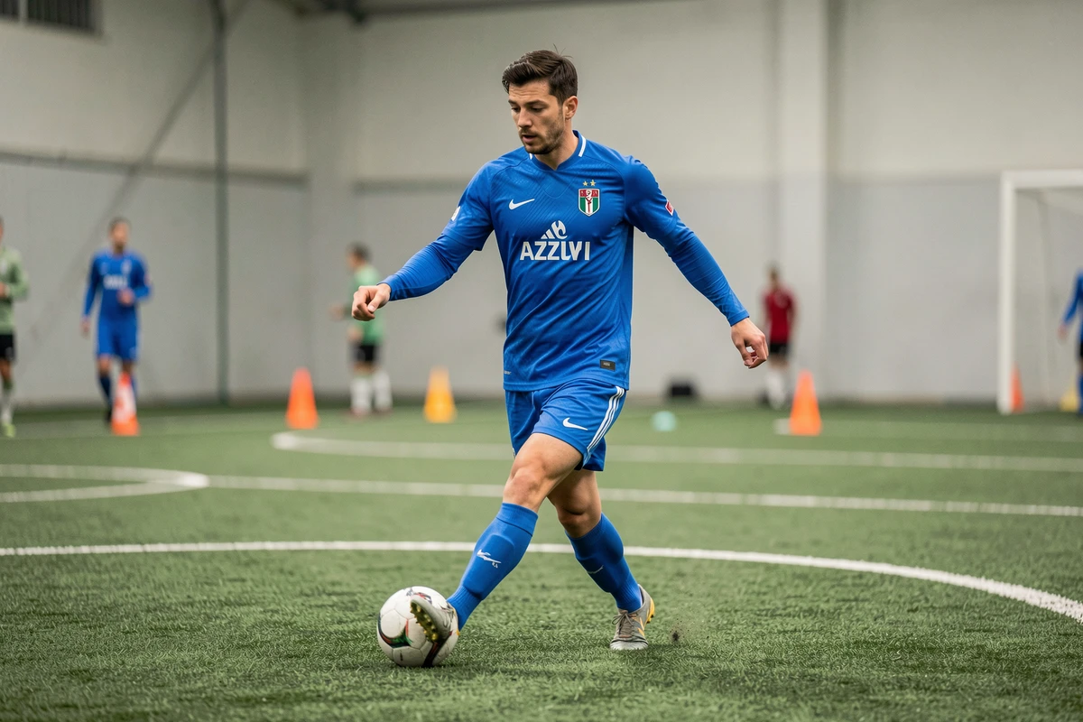 Milieu de terrain italien effectuant une passe technique lors d'un exercice d'entraînement en salle avec un style de jeu précis