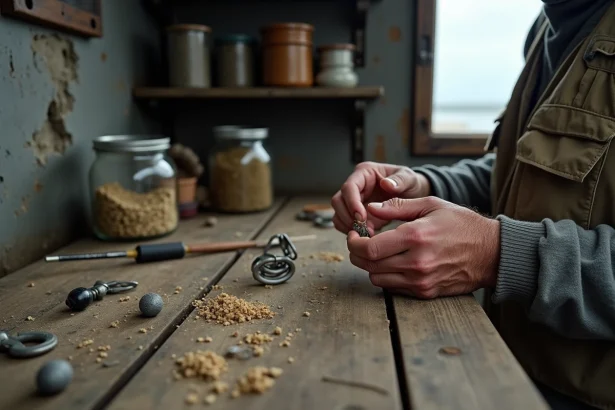 Mains de pêcheur expérimenté montant un bas de ligne surfcasting avec appât vivant sur un établi côtier