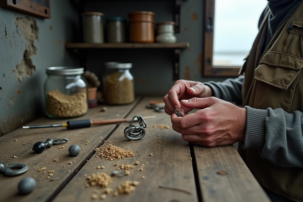 Mains de pêcheur expérimenté montant un bas de ligne surfcasting avec appât vivant sur un établi côtier