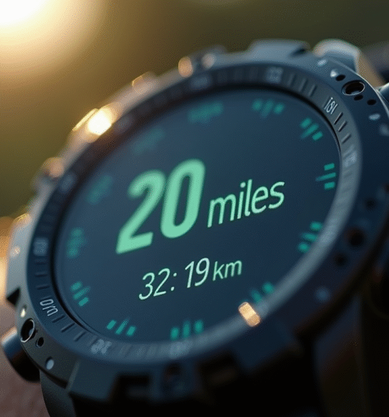 Montre sportive numérique affichant 20 miles en gros plan
