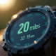 Montre sportive numérique affichant 20 miles en gros plan
