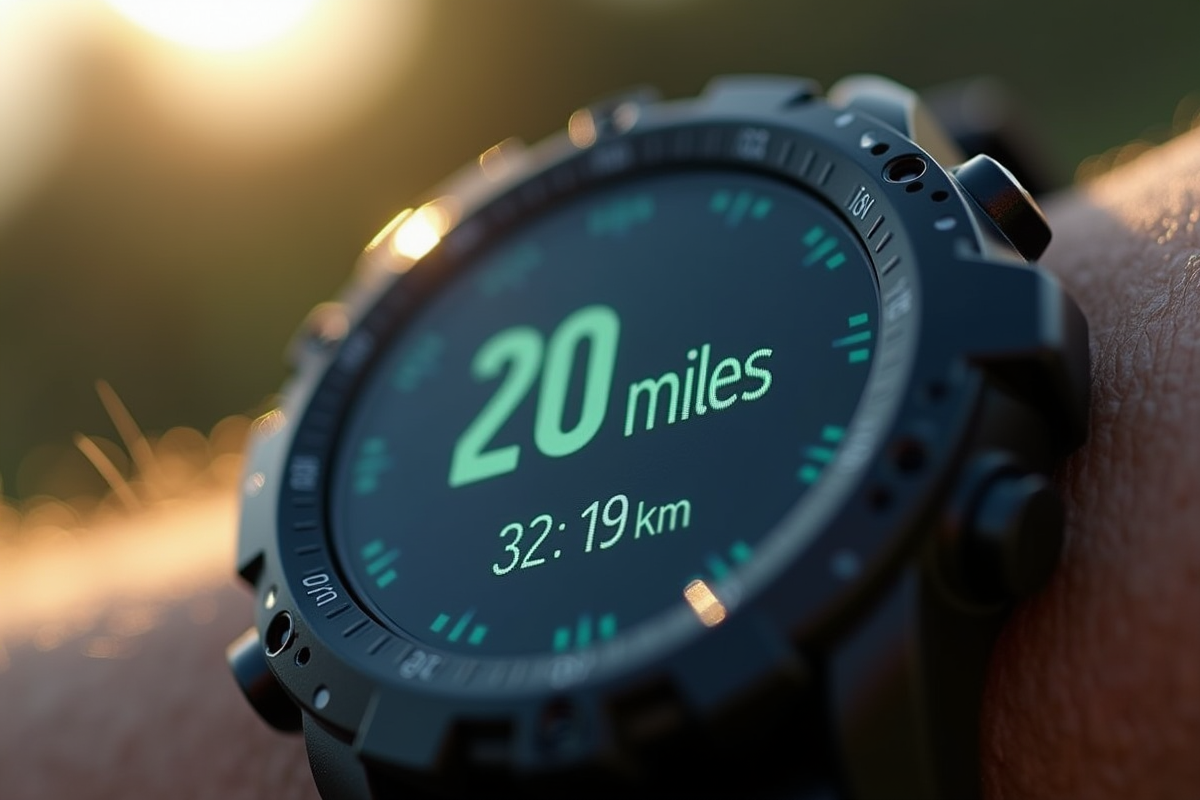 Montre sportive numérique affichant 20 miles en gros plan