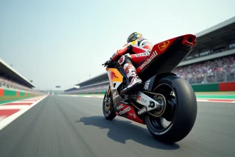 Moto MotoGP en pleine accélération sur la ligne droite d'un circuit professionnel, vue en contre-plongée au ras du sol