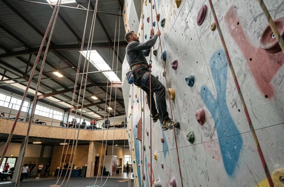 Grimpeur en voie équipée sur le grand mur de MurMur Pantin, salle d'escalade de voie en Île-de-France