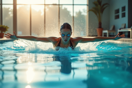 Femme nageant en crawl dans une piscine intérieure en matinée