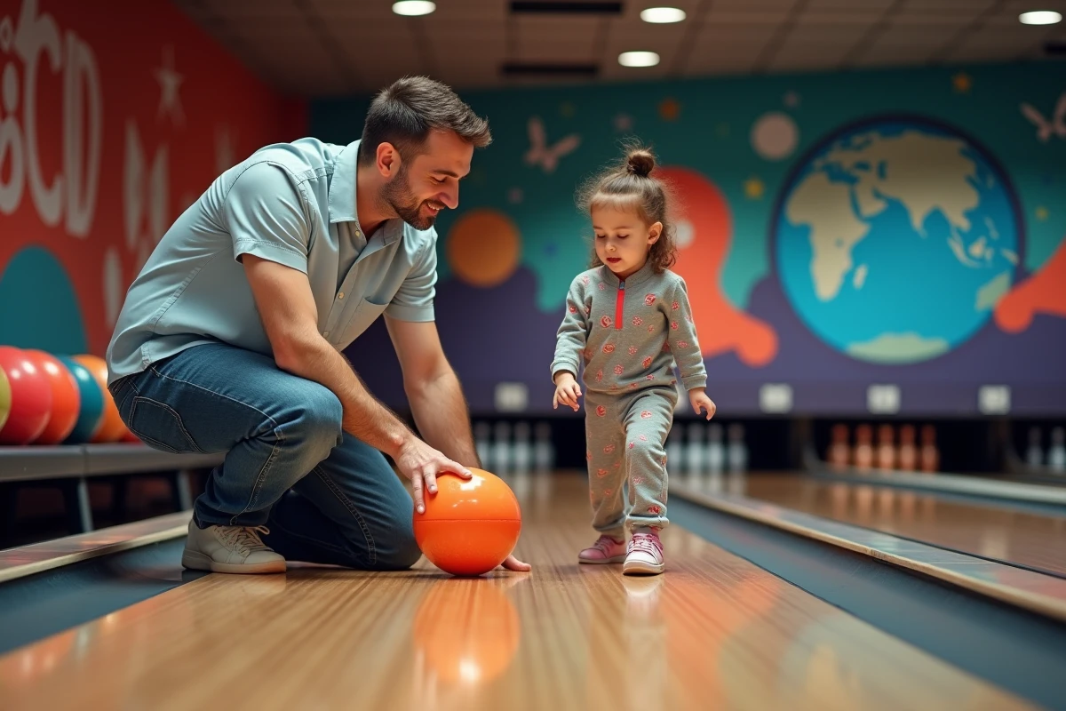 Père aidant sa fille à jouer au bowling à Lomme