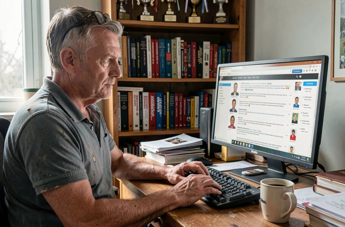 Passionné de rugby tapant sur un forum de discussion depuis son bureau à domicile, entouré de livres et trophées de rugby amateur