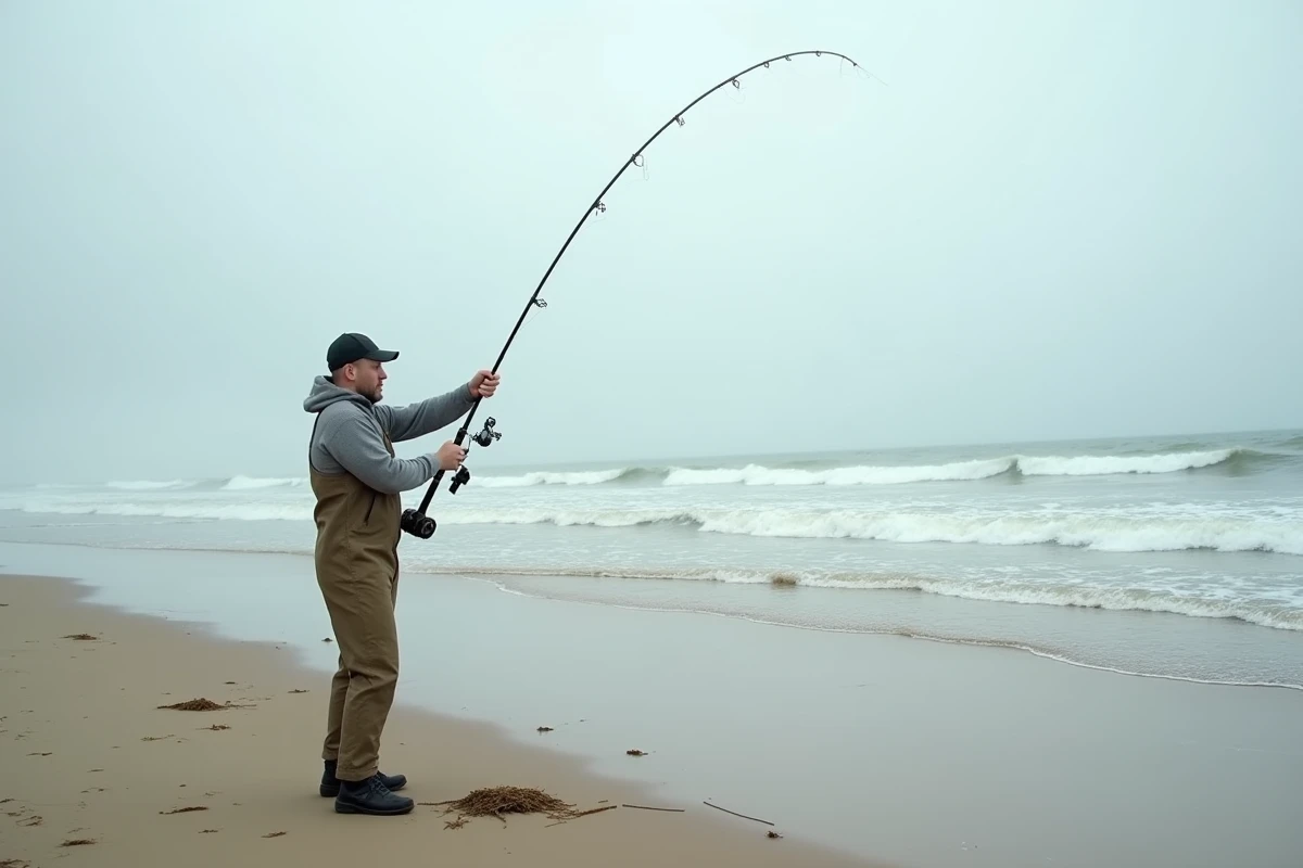 Pêcheur en action lançant un montage surfcasting depuis une plage atlantique venteuse