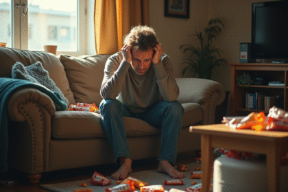 Personne d'âge moyen fatiguée assise sur un canapé en journée