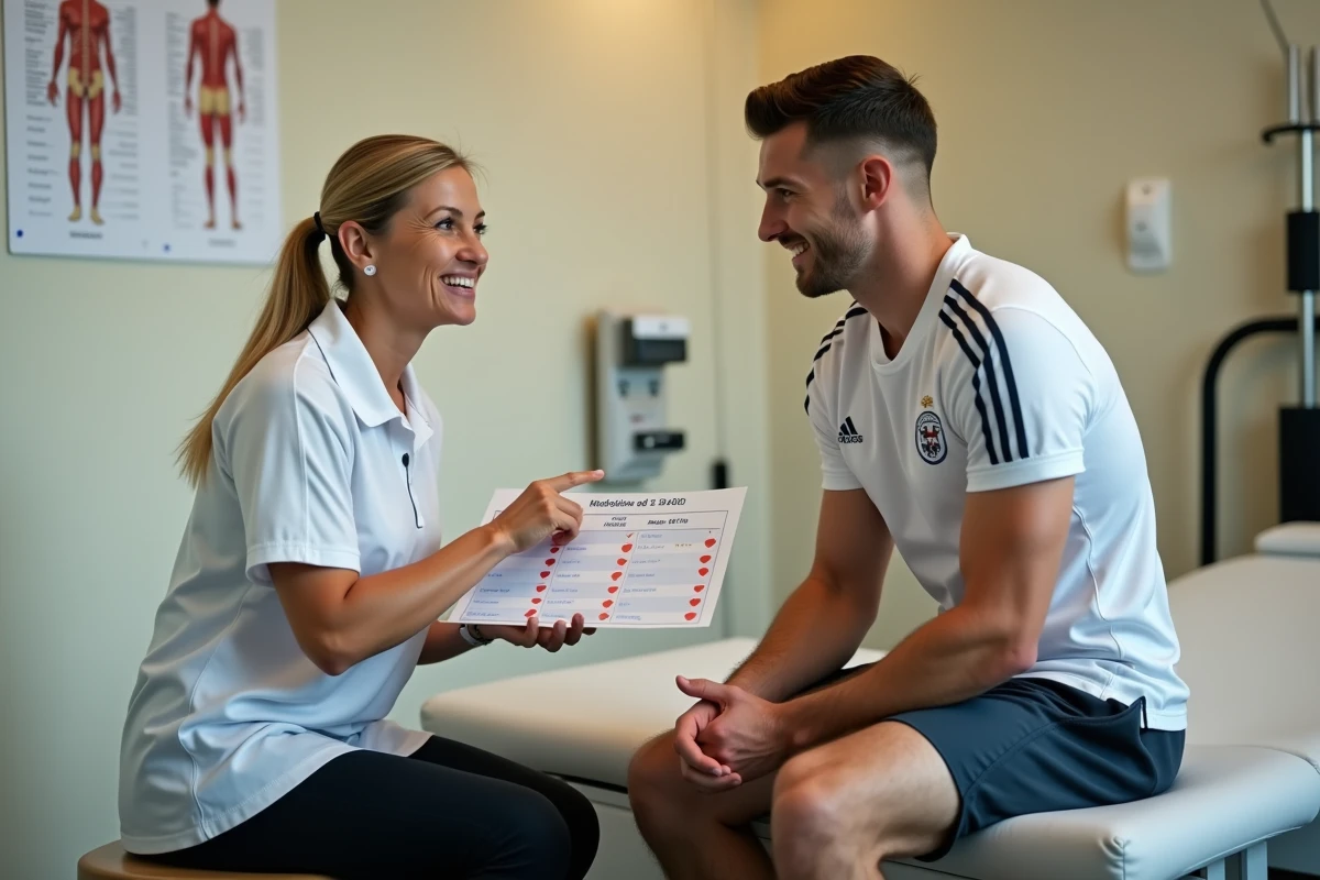 Physiothérapeute expliquant un plan de reprise progressive à un footballeur blessé dans une clinique de médecine sportive
