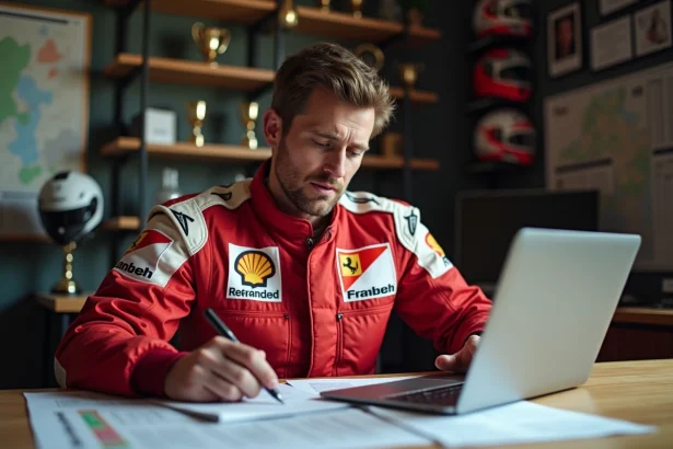 Pilote amateur de rallye consultant le calendrier 2026 et les formulaires d'engagement dans un bureau à domicile