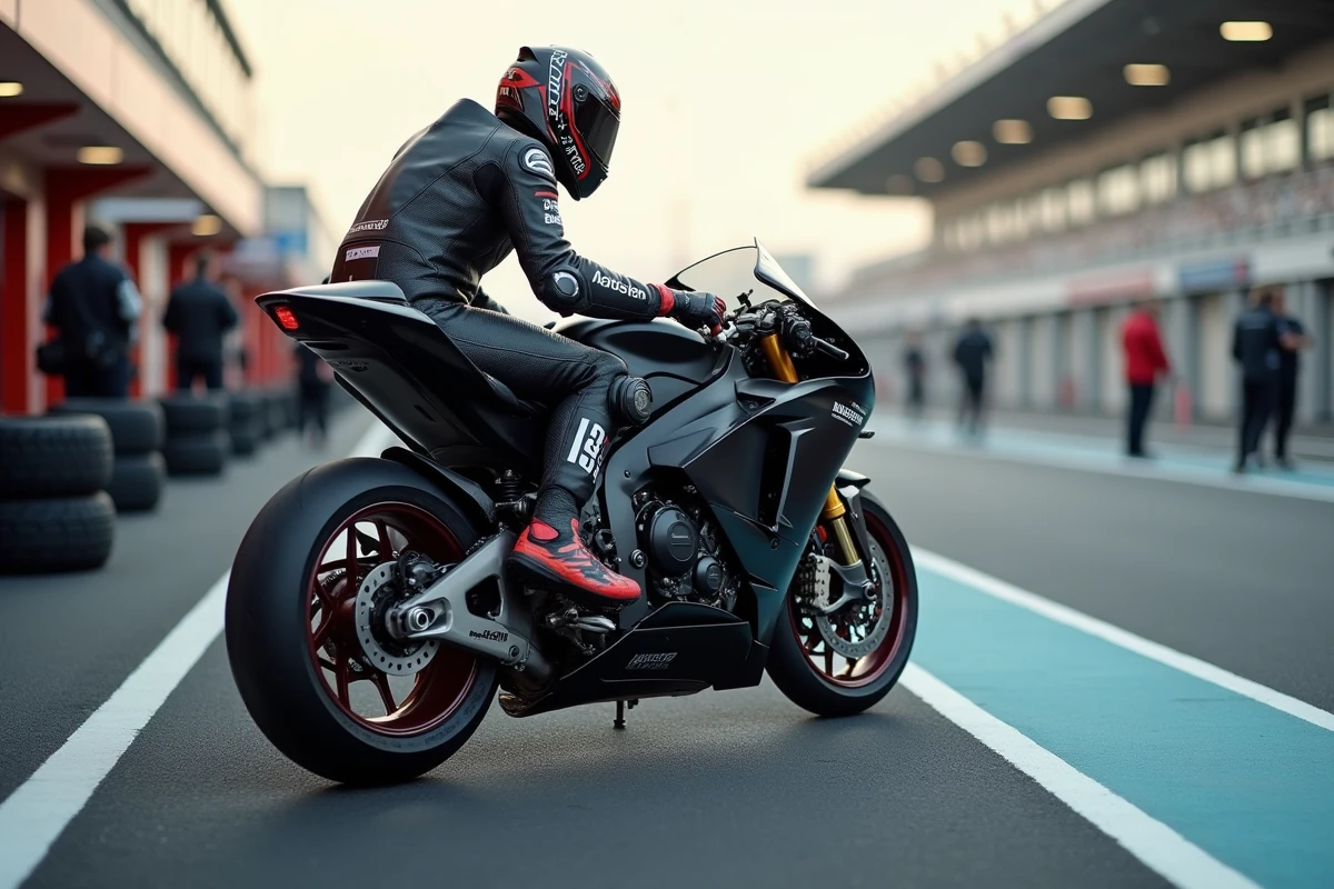 Pilote MotoGP en tenue de course assis sur sa moto dans la voie des stands, détail des freins carbone et de l'aérodynamique
