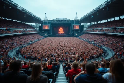 Vue depuis les places hautes du Stade de France lors d'un concert, tribunes supérieures bondées avec la scène visible au fond