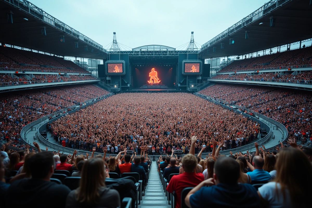 Vue depuis les places hautes du Stade de France lors d'un concert, tribunes supérieures bondées avec la scène visible au fond