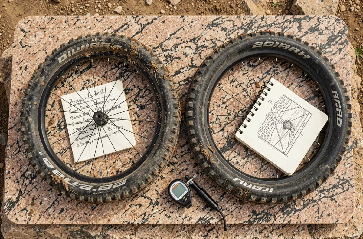 Vue aérienne de pneus VTT 26 pouces avec manomètre et notes de pression sur rocher en montagne