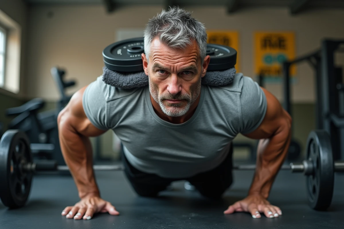 Homme d'âge mûr en phase de descente d'une pompe lestée avec des disques de fonte dans une salle de musculation commerciale