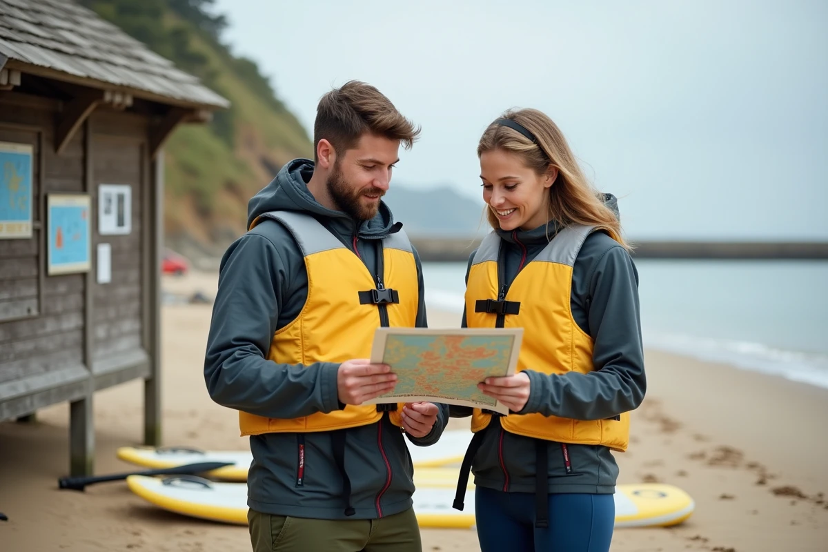 Deux pratiquants de stand-up paddle sur une plage consultant une carte des zones autorisées avec gilets de sauvetage réglementaires