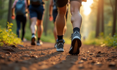 Groupe de randonneurs sur un sentier forestier avec trackers