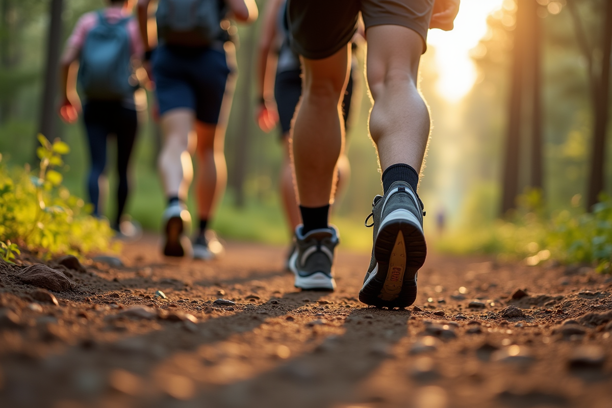Groupe de randonneurs sur un sentier forestier avec trackers