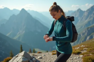 Randonneuse trail consultant sa montre GPS sur une crête rocheuse alpine avec panorama montagneux en arrière-plan