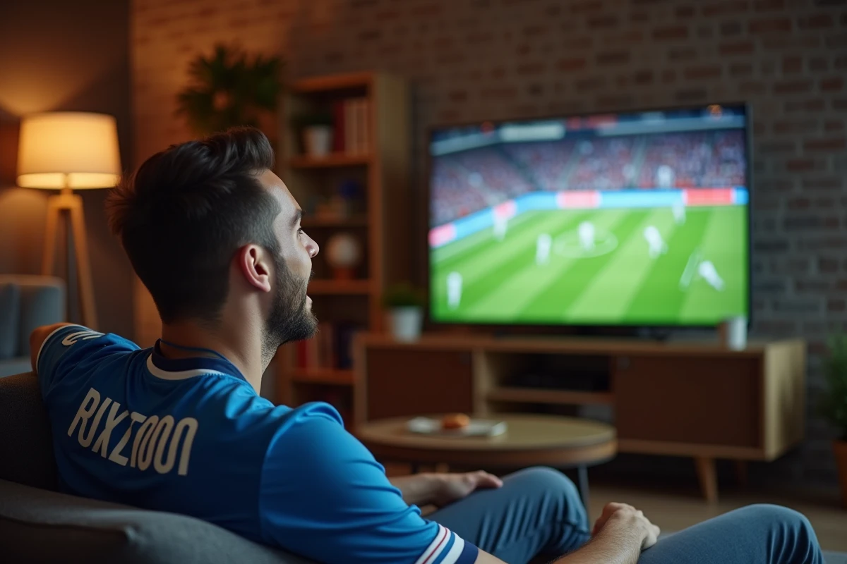 Jeune homme passionné regardant un match de foot en streaming sur sa télévision dans un salon moderne