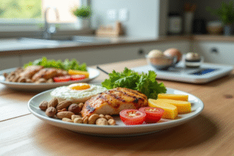 Repas équilibré avec poulet et œufs sur une table moderne