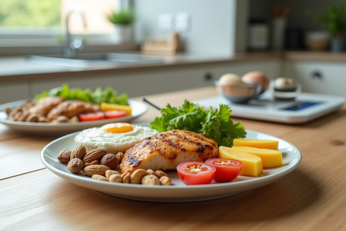 Repas équilibré avec poulet et œufs sur une table moderne