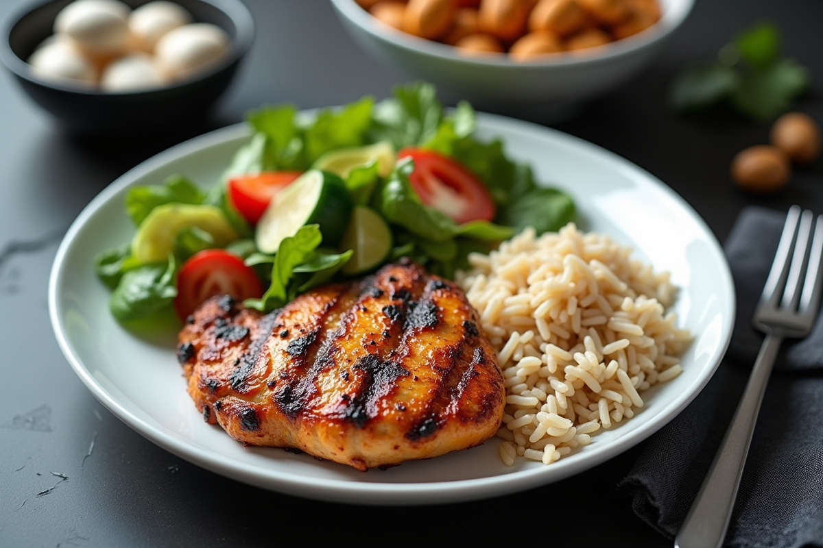 Repas équilibré pour sportif avec poulet riz et salade