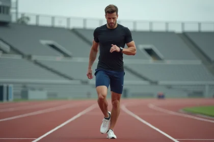 Athlète masculin reprenant la course sur une piste d'athlétisme après une blessure, consultant sa montre de sport pour contrôler sa vitesse