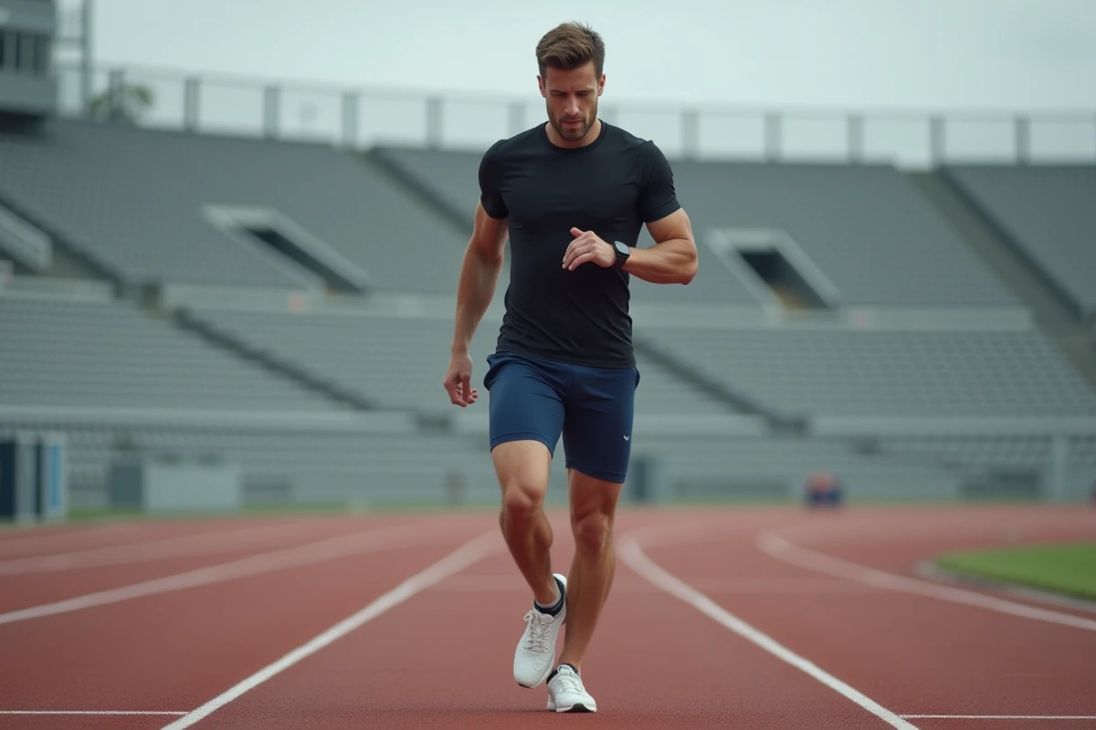 Athlète masculin reprenant la course sur une piste d'athlétisme après une blessure, consultant sa montre de sport pour contrôler sa vitesse