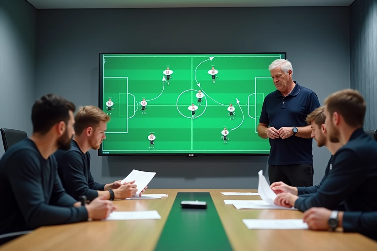 Réunion tactique d'avant-match de Ligue des Champions avec le staff technique de l'Inter de Milan analysant les stratégies de jeu