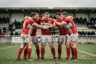 Joueurs de rugby Fédérale 2 en huddle avant un match de phase finale sur un terrain amateur