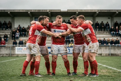 Joueurs de rugby Fédérale 2 en huddle avant un match de phase finale sur un terrain amateur
