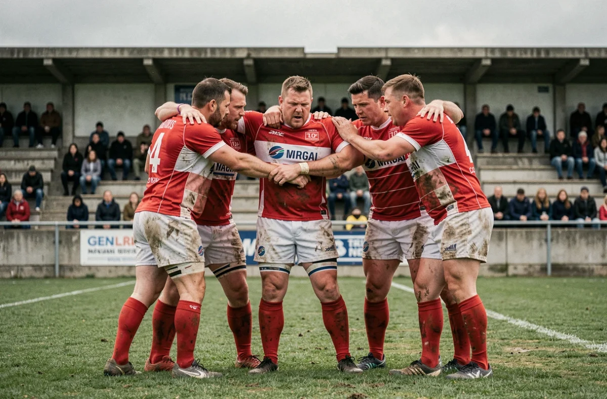Joueurs de rugby Fédérale 2 en huddle avant un match de phase finale sur un terrain amateur