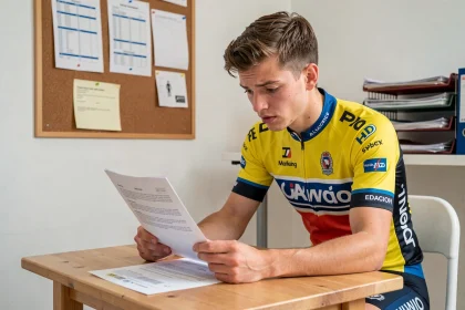 Jeune cycliste néo-professionnel examinant son contrat salarial dans un bureau d'équipe cycliste WorldTour