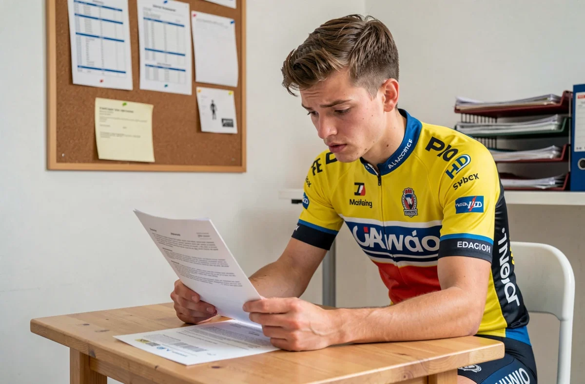 Jeune cycliste néo-professionnel examinant son contrat salarial dans un bureau d'équipe cycliste WorldTour