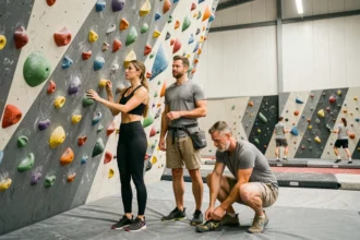 Groupe de grimpeurs devant un grand mur de bloc coloré dans une salle d'escalade parisienne moderne