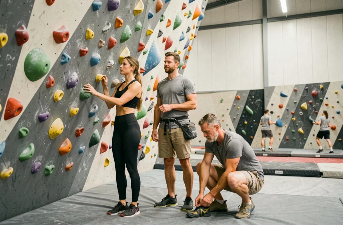 Groupe de grimpeurs devant un grand mur de bloc coloré dans une salle d'escalade parisienne moderne