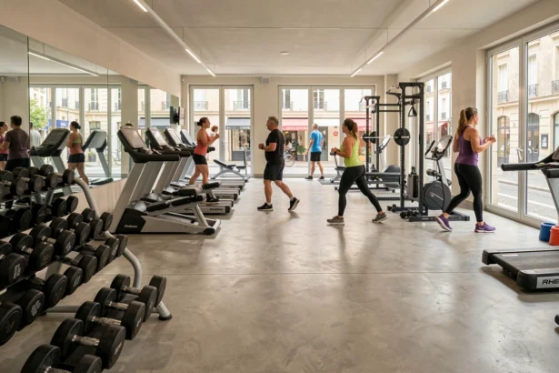 Vue panoramique d'une salle de sport moderne dans le Loiret avec différents espaces d'entraînement