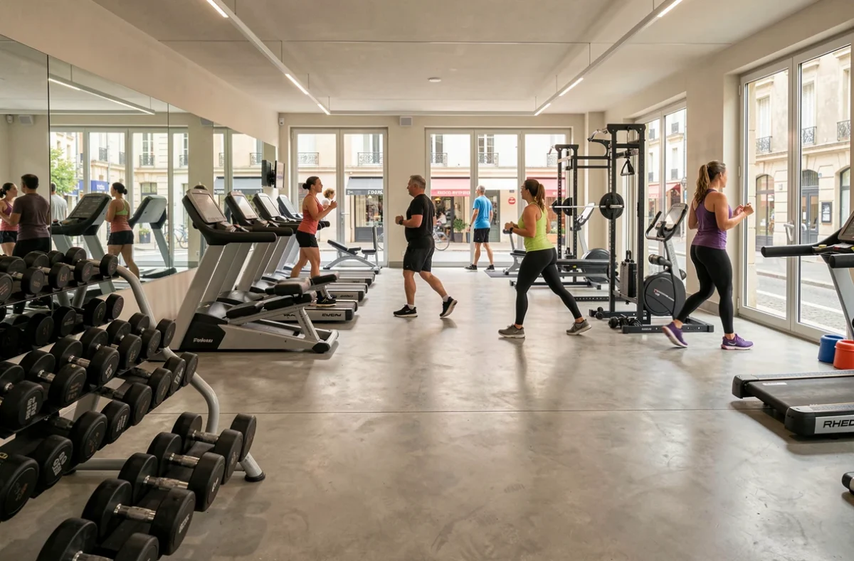 Vue panoramique d'une salle de sport moderne dans le Loiret avec différents espaces d'entraînement
