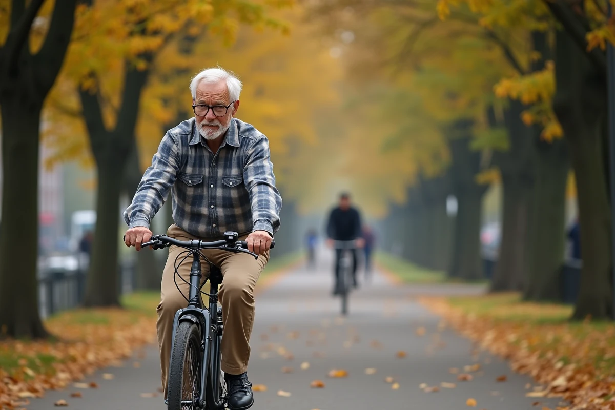 Homme senior pédalant tranquillement sur un vélo à rétropédalage le long d'un chemin de halage en automne
