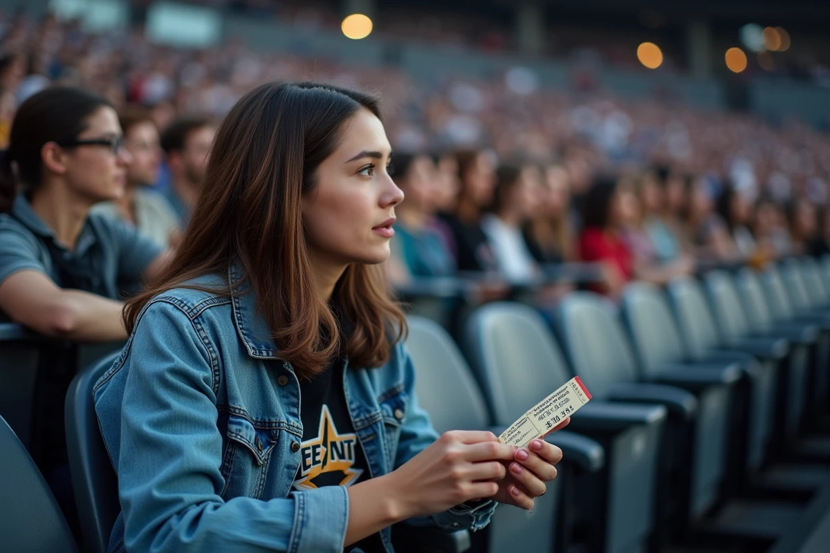 Spectatrice assise en tribune haute du stade avec son billet de concert, vue partielle de la scène en arrière-plan