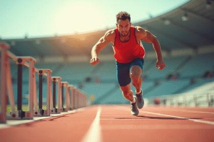 Sprinteur au départ des blocs sur piste extérieure dynamique