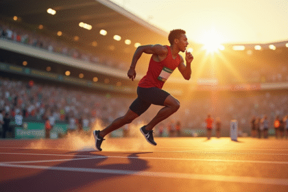 Sprinteur explosant au départ sur piste moderne lors de l'heure dorée