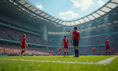 Stade de rugby en plein match avec joueurs et supporters