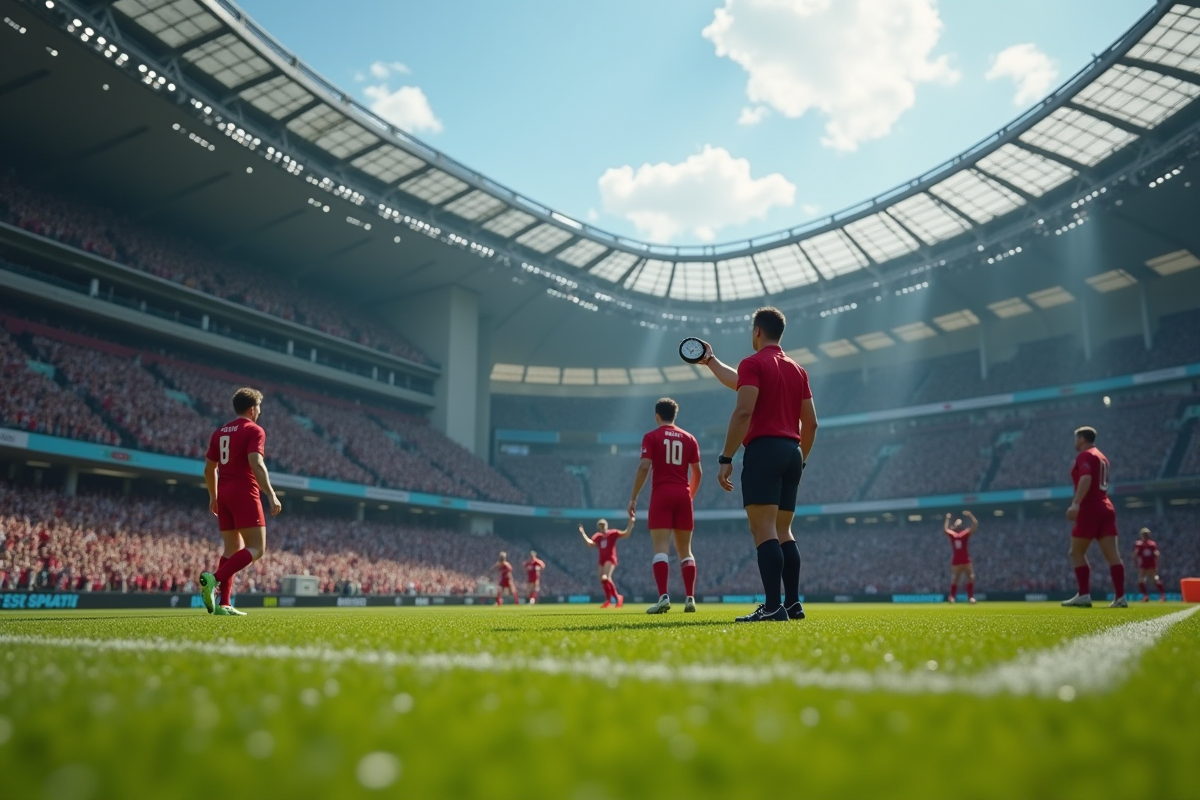 Stade de rugby en plein match avec joueurs et supporters